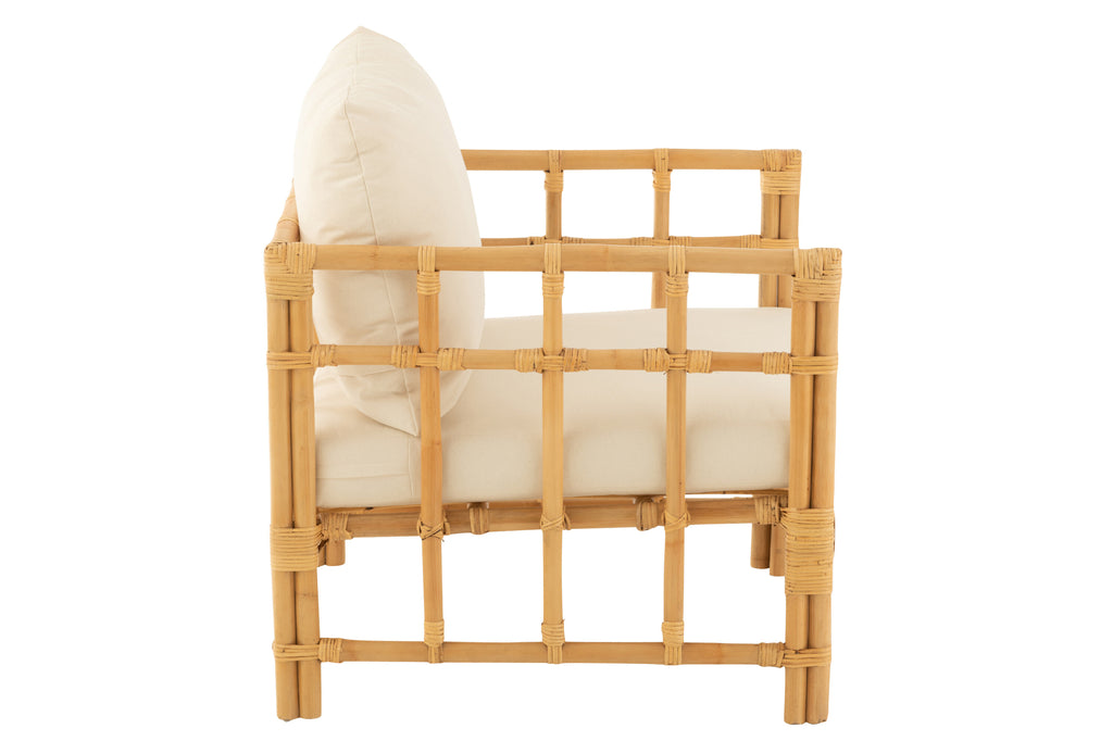 Armstoel Elise+kussen rotan/textiel naturel/wit-Fauteuils-J-Line