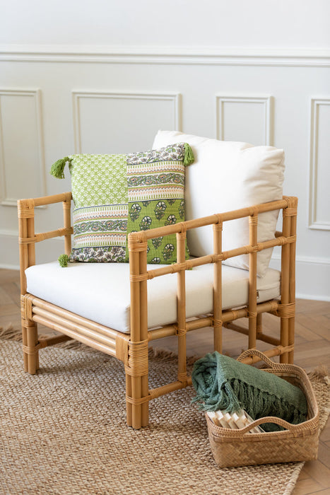 Armstoel Elise+kussen rotan/textiel naturel/wit-Fauteuils-J-Line