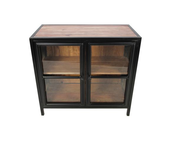 Vitrinekast Kingston Laag 2 Deur-90x40x90-Naturel/Zwart-Mango/Metaal-Vitrinekasten-HSM Collection