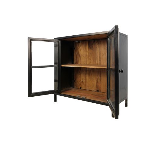 Vitrinekast Kingston Laag 2 Deur-90x40x90-Naturel/Zwart-Mango/Metaal-Vitrinekasten-HSM Collection